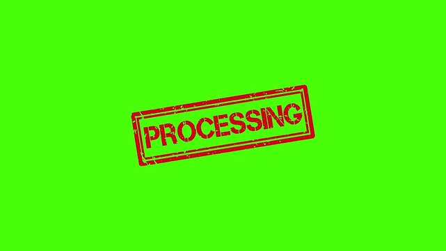 Red processing rubber stamp animation on green screen background, for business status, updates red stamp