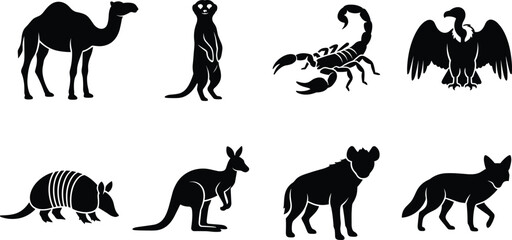 Obraz premium Desert animals silhouette vector collection featuring camel meerkat scorpion vulture armadillo kangaroo hyena and fennec fox