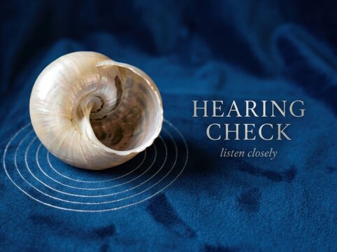 Conch shell hearing check on blue fabric background