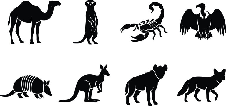 Desert animals silhouette vector collection featuring camel meerkat scorpion vulture armadillo kangaroo hyena and fennec fox