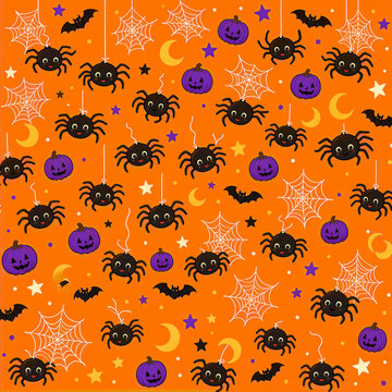 Cute Halloween Spider and Web Seamless Pattern