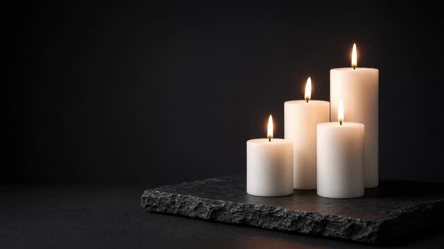 Four White Pillar Candles Burning on Dark Slate