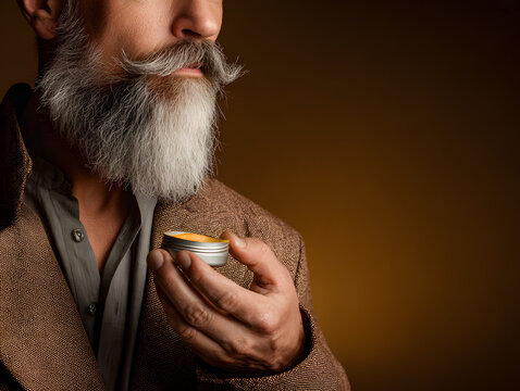 Close up mature man holding metal container with silver beard against warm dark background, conveying refined grooming and thoughtful care