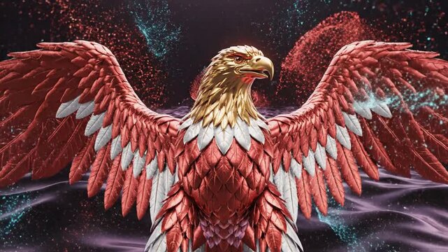 3D red and gold eagle with spread wings soaring over abstract dark waves background, motion bird of prey