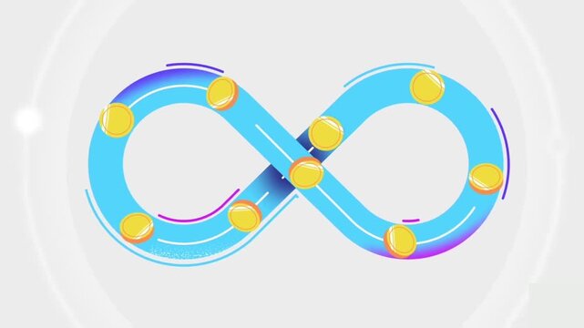 Golden coins rolling endlessly along a vibrant blue infinity symbol loop in animated motion graphics video footage