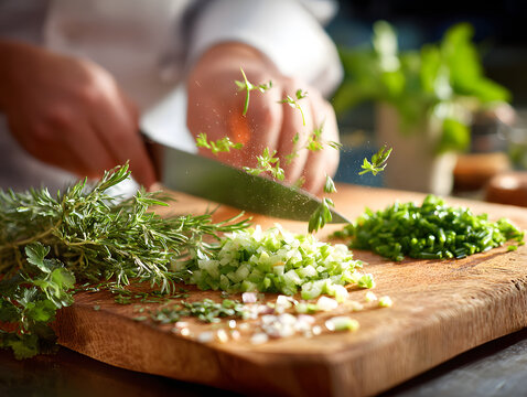 Close up of chef hands finely dicing fresh herb on wooden cutting board with flying pieces and bright kitchen background