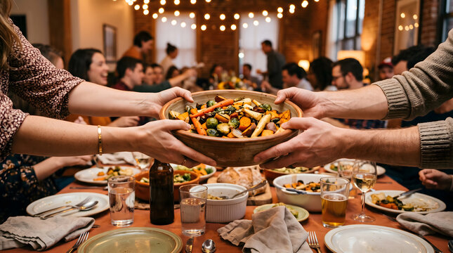 Family Passing Roasted Vegetables at Thanksgiving Dinner Table