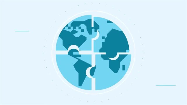 Animated blue rotating earth globe turning into four puzzle pieces video footage for concept presentation backgrounds