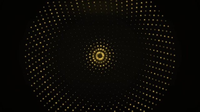 Luxury 3D golden halftone sphere bead matrix expanding in concentric radar rings on black obsidian background, audio reactive golden pulse pattern for prestige gala VJ backdrop in 4K