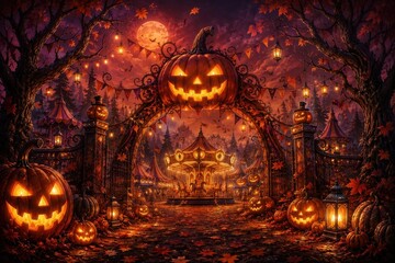 Obraz premium Enchanting Halloween carnival beneath glowing pumpkin arch