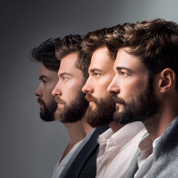 Bearded man portrait showing four male profiles with styled hair and facial grooming against dark studio background