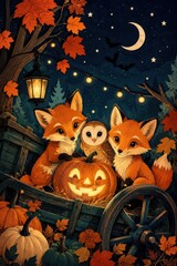 Obraz premium Whimsical foxes and owl beside glowing Halloween pumpkin