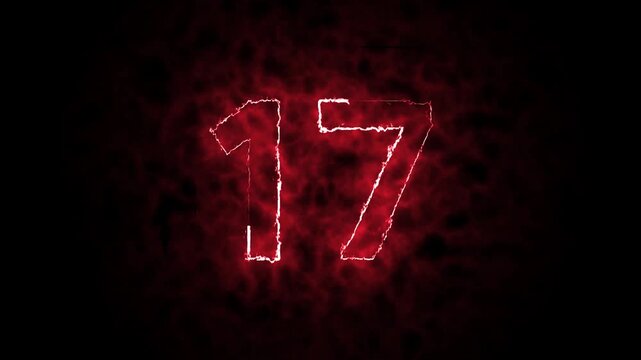 Text fire number count animation, Single Number made of Fire, Glowing neon 17 letter video motion design, black background & 4k video