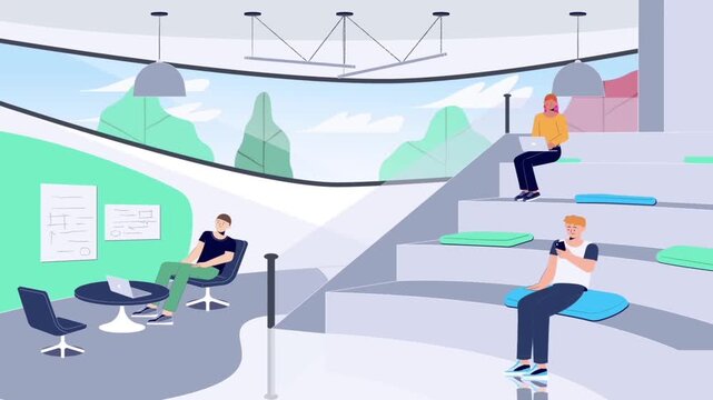 Animated modern office workspace video showing collaborative coworkers working together on laptops and smartphones in motion