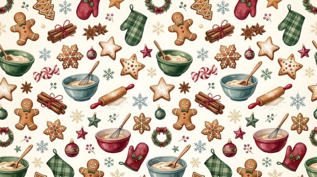 Watercolor Christmas baking seamless pattern with gingerbread cookies, mixing bowls, rolling pin, and festive elements-for Christmas