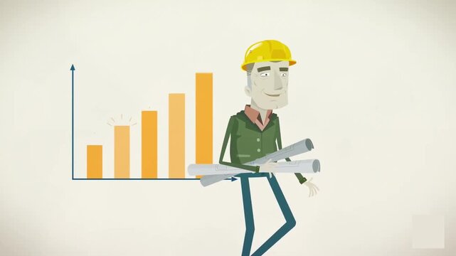 Animated construction worker walking with rolled blueprints past a growing financial bar chart in motion video clip