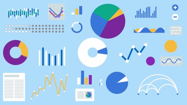Colorful business data charts and financial graphs moving dynamically in digital animation video clip