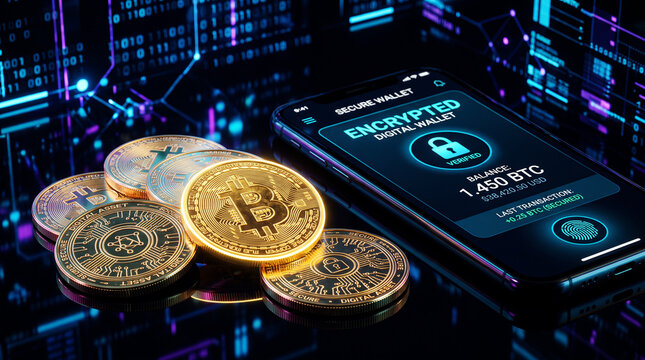 Encrypted Crypto Wallet App on Smartphone with Physical Gold Bitcoin Coins on Digital Background