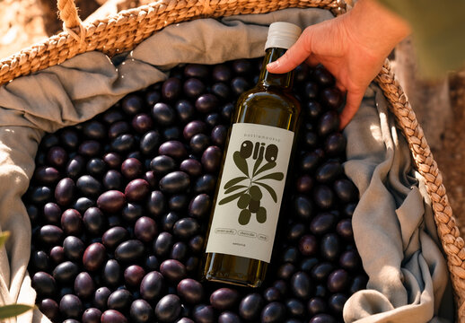 Wicker Basket with Olive Oil Bottle Mockup