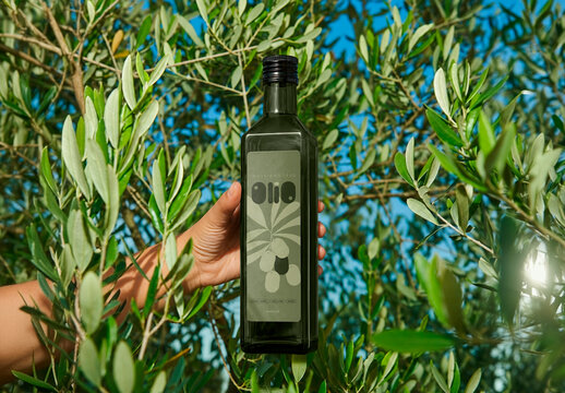 Olive Tree Branches with Oil Bottle Mockup