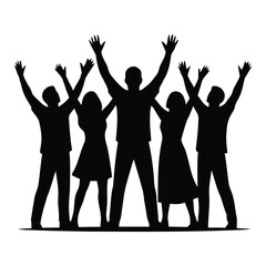 Fototapeta premium Group of People Cheering Vector Silhouette - Excited Friends with Hands Raised in Celebration 