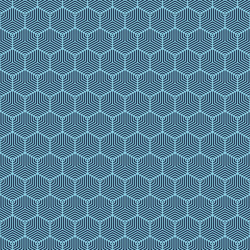 Geometric seamless pattern with blue hexagonal shapes and parallel lines for modern interior wallpaper textile background.