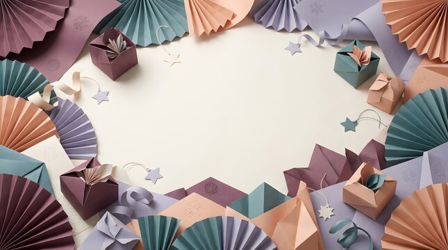 Paper craft and origami Christmas background with folded paper fans, gift boxes, ribbons, stars, and copy space -christmas and new year background