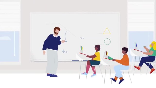 Animated classroom video featuring a teacher explaining geometry to attentive students in a bright modern school clip