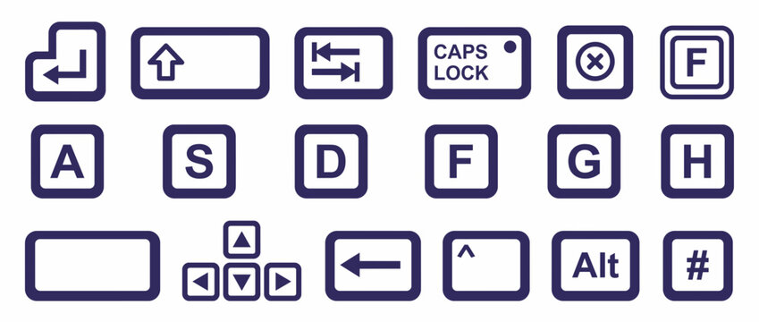 Keyboard shortcut icons for computer applications. Functional tech symbols isolated on transparent background. Caps Lock, Shift, Alt, Arrow Keys, Function, Symbols. Minimalist design for UI, apps,.