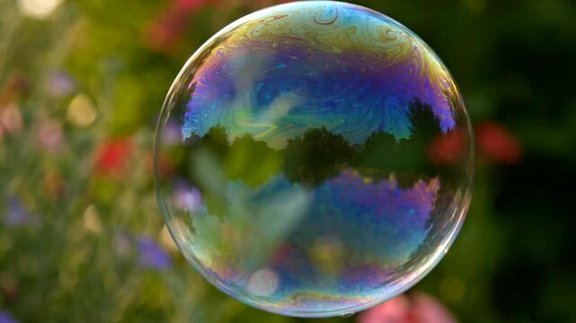 Iridescent soap bubble floating outdoors, colorful rainbow bubble reflection in lush green garden background, fragile spherical water art footage