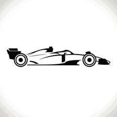 Obraz premium Black silhouette of a formula 1 race car viewed from the side, isolated on a white background, showing aerodynamic bodywork and racing wheels for speed