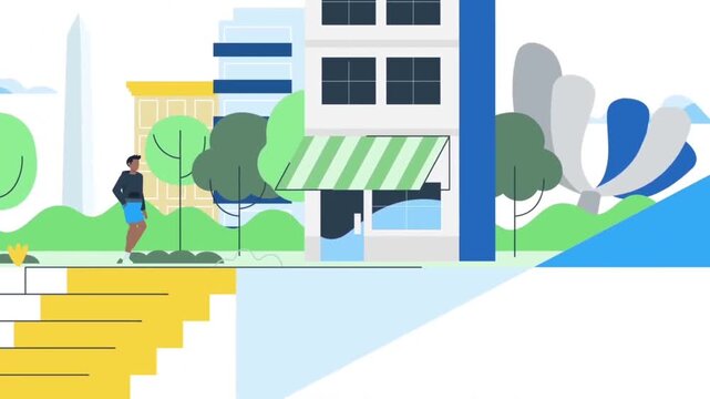 Urban walking animation featuring a young man strolling past colorful buildings in a modern flat vector city video clip