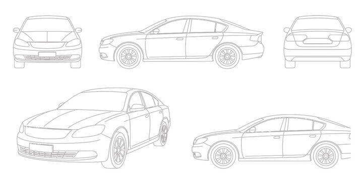 Collection of thin gray line showing a sedan car from five different angles including front, rear, side, and perspective views on white