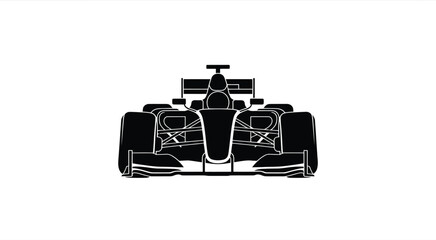 Obraz premium Front view silhouette of a formula one racing car isolated on a white background, featuring aerodynamic bodywork and wide racing tires for speed