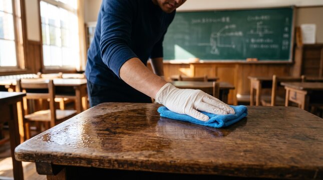 Diligent man wearing white protective gloves wipes clean a rustic wooden school desk with a soft blue microfiber cleaning cloth
