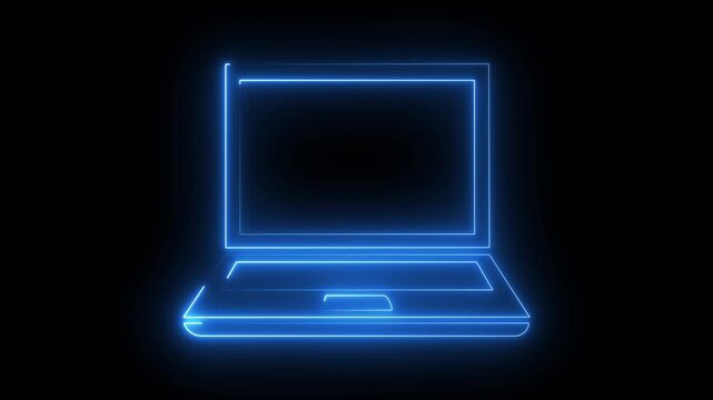 Blue neon laptop icon on dark background, glowing computer screen animation.