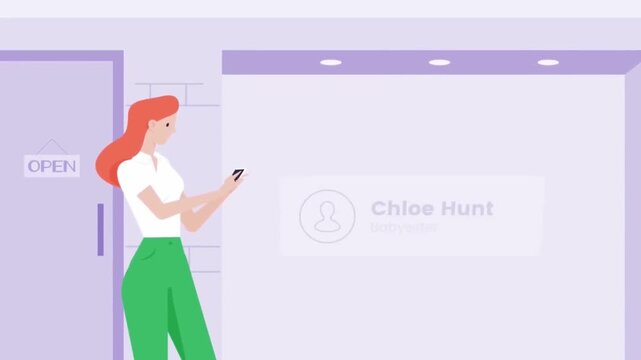 Animated woman using smartphone application to find local babysitter services inside modern digital concept video footage