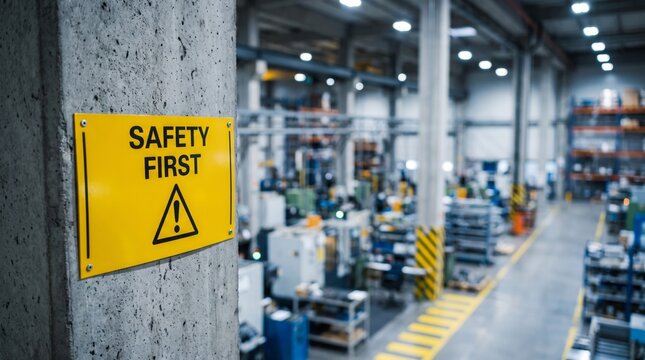 Bright yellow rectangular safety first warning sign mounted on a rough concrete pillar inside a modern busy industrial factory floor