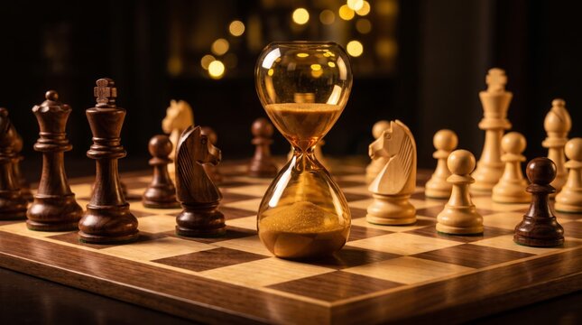 Golden hourglass sits centrally upon wooden chess board featuring polished dark and light pieces under soft warm ambient lighting conditions