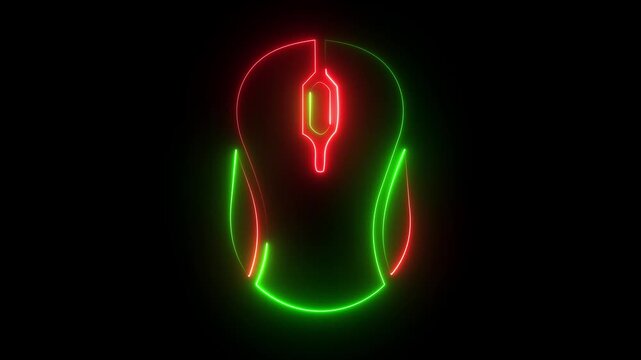 Green and red neon computer mouse icon on dark background, glowing clicker device scroll animation.