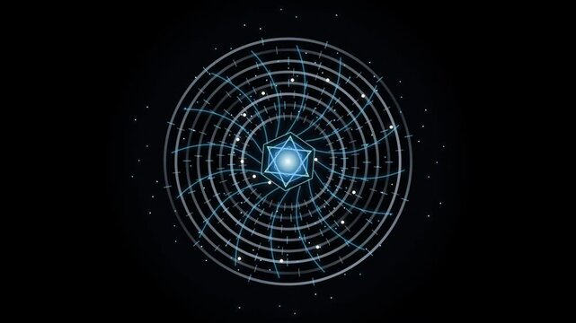 Abstract quantum gyroscopic sphere animation with glowing blue lines on a black background