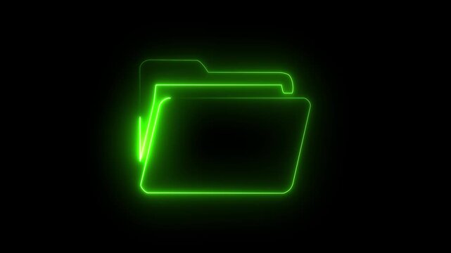 Green neon file folder icon on dark background, glowing document storage archive symbol.
