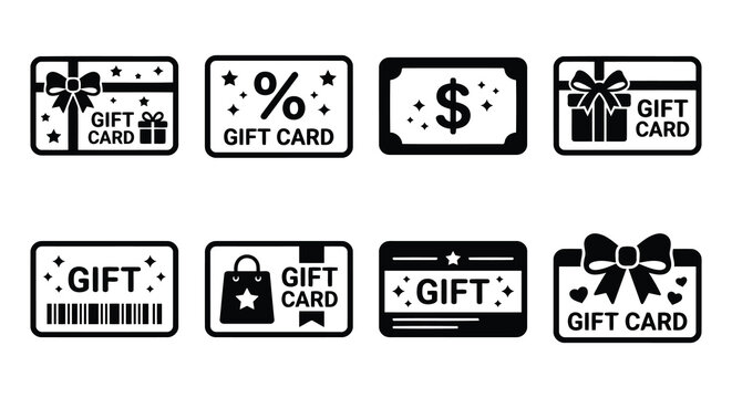 Black silhouette gift card designs with ribbons stars and dollar signs on white