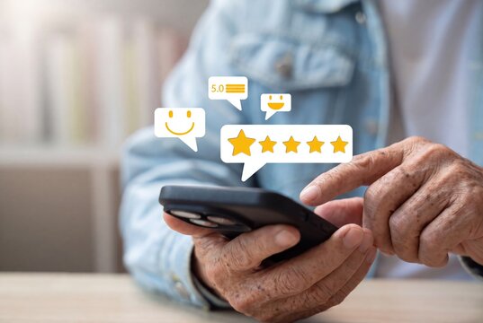 Customer feedback on smartphone with five star rating, senior hands using mobile app for online review, digital satisfaction.
