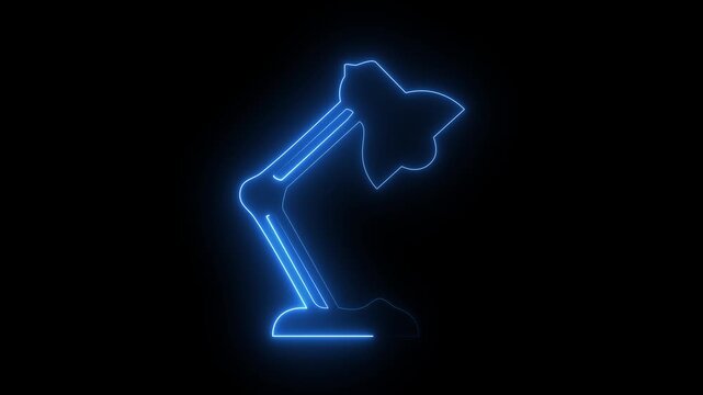 Blue neon desk lamp icon on dark background, glowing study table light fixture symbol.