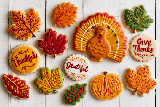 Top view of a collection set of many Thanksgiving cookies in different cute shapes, turkey ,autumn leaves, word grateful or thankful, pumpkin  on white  planks background