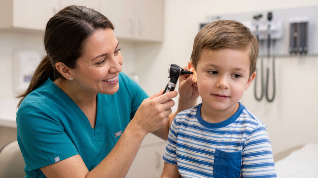 Pediatrician examining boy's ear with otoscope during routine healthcare checkup in clinic