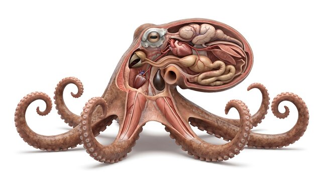 Octopus anatomy 3d render showing internal organs including brain, heart, and digestive system.