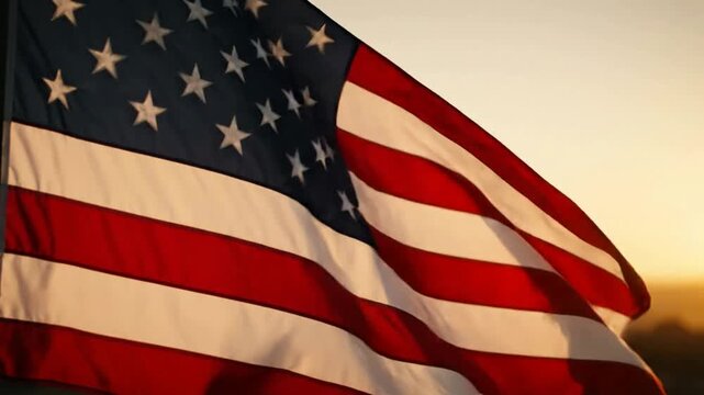 American flag waving proudly in the warm golden hour sunlight during sunset with glow usa flag stars and stripes