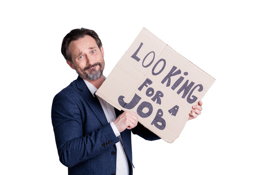 Oops dismissed. Photo of unhappy sad worker aged mature guy upset financial crisis lost work hold carton placard banner search work labor market wear blue suit isolated grey background